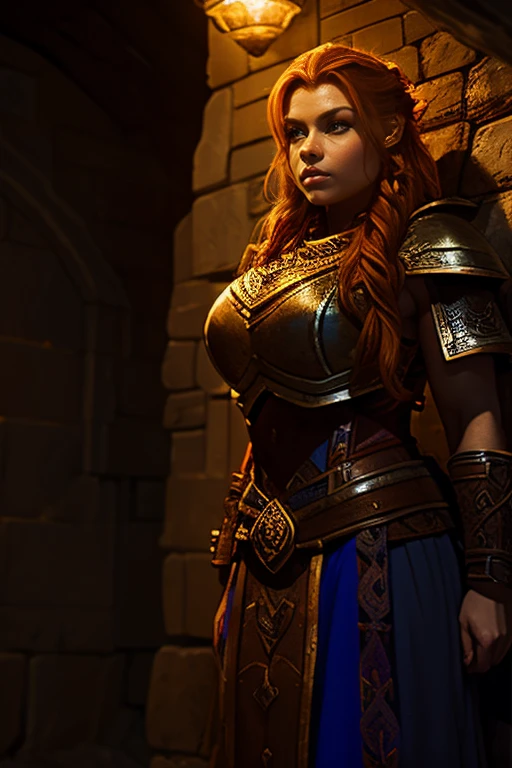 Ginger female dwarven adventurer, in a undeground cavern, dramatic lighting, breastplate,  long braided hair, strong muscled arms, leaning against wall, busty