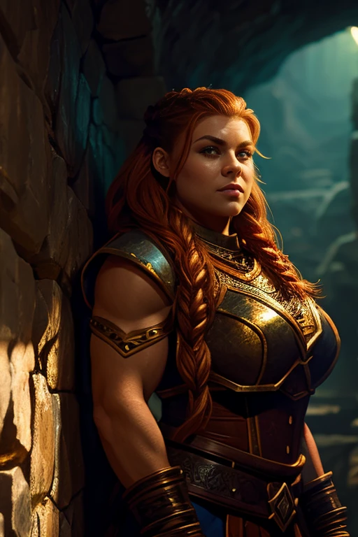 Ginger female dwarven adventurer, in a undeground cavern, dramatic lighting, breastplate,  long braided hair, strong muscled arms, leaning against wall, busty