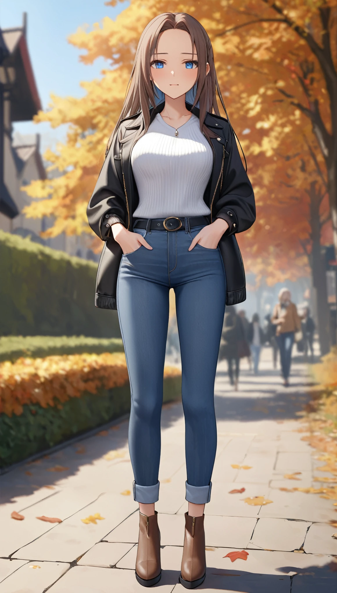 ((best quality, masterpiece:1.3, 8K)), (detailed), highly detailed face and skin texture, detailed eyes, downtown, seductive pose, full body, slender body, 1girl, 25 years old, white skin, blue eyes, bright lips, worried, embarrassed, long hair, (forehead:0.8), (stylish top:1.2), jeans pants, blue jeans, footwear, peeing jeans, peeing pants, pee stain, (wetting herself:1.5, desperation:1.5),