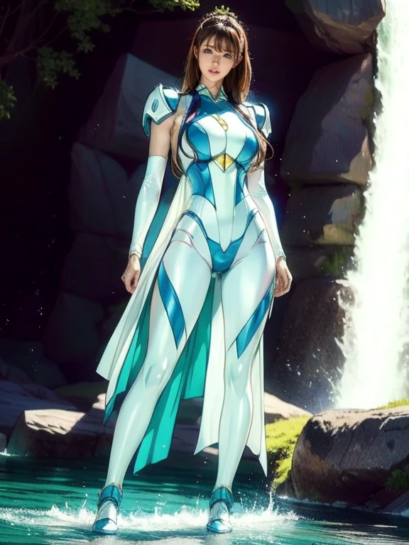 Full Body Shot, Very detailed, The costume colors were inspired by Gundam.、8k, Actual Photos, impressive lighting, Dynamic action poses, Great energy effect,White and blue color palette, Simple costume design, Advanced Technology, Heroic and powerful, With a large waterfall in the background、standing。