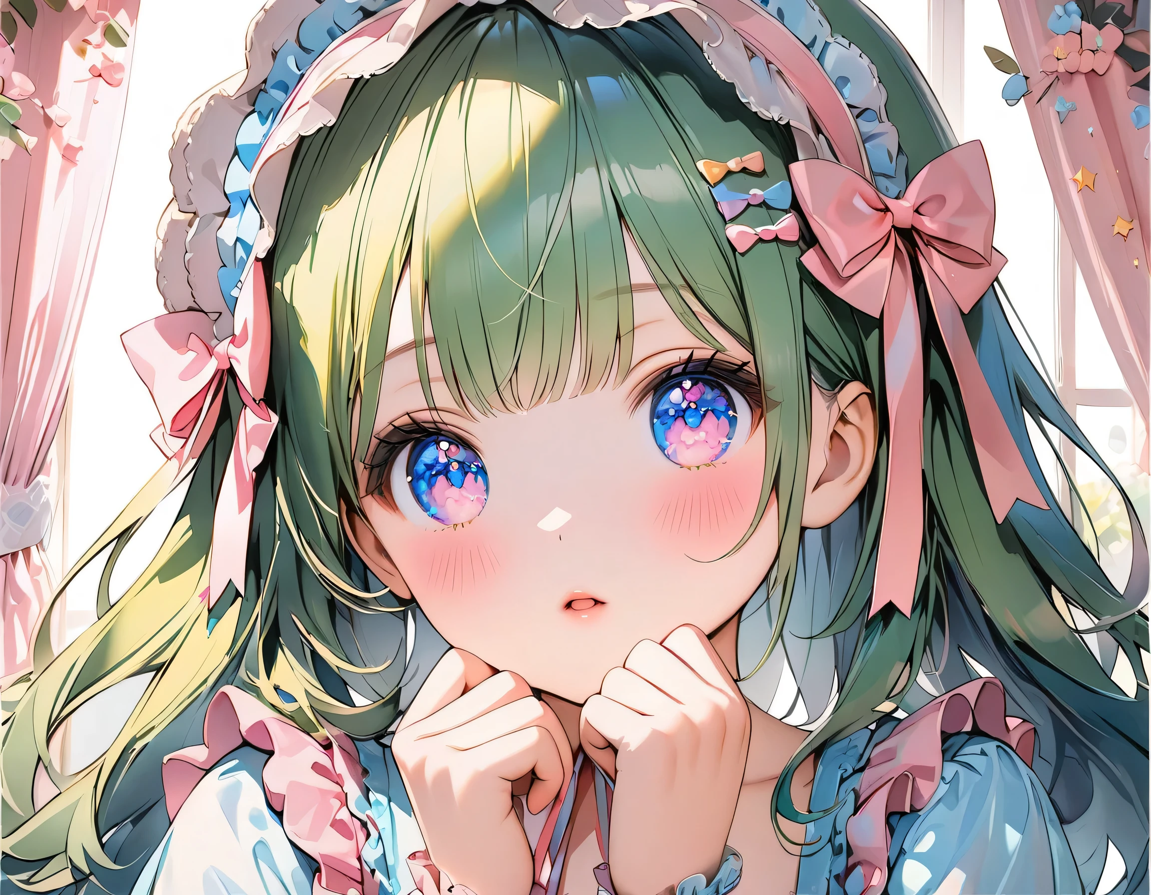 ((ultra quality)), ((ultra detail)), ((top quality)), pastel colored fluffy cute dress, frills and lace and ribbon, (sweety bedroom:1.2), cowboy shot, portrait, hyper detail face, hyper beautiful eyes, ((anatomically correct)), (((correct hand))), soft lights, soft edge, RAW photo, mixed technique of oil painting and watercolor, 