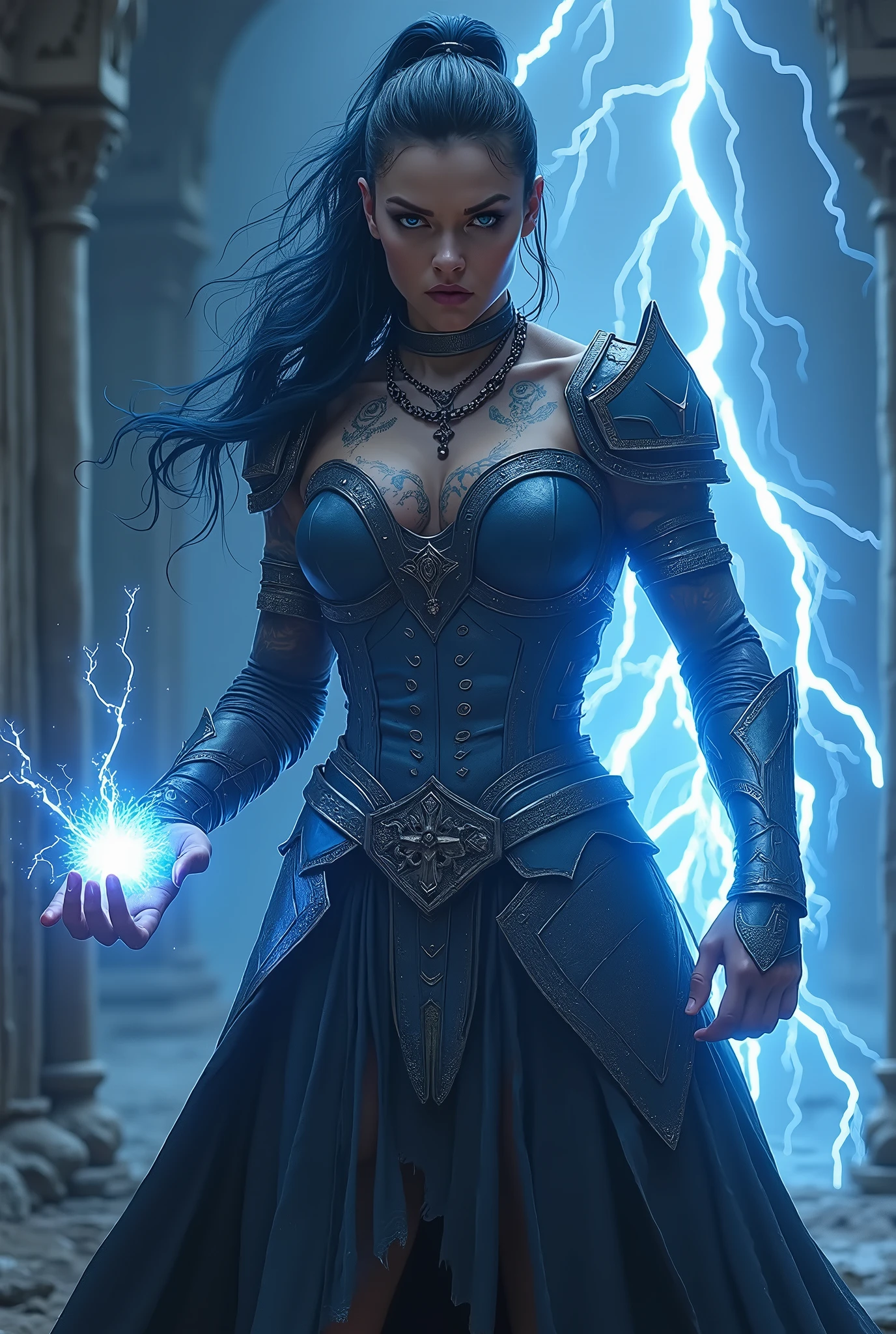 Aletta Ocean, angry evil beautiful and muscular, Nordic female, towering storm Giantess with blue black hair in a ponytail, older and mature woman, throwing a lightning ball, celtic glowing tattoos, wearing nordic steel runic plate mail Armour , temple cave background with lightning storm, glowing blue eyes, square jaw, powerful and imposing, winter clothing, pale blue purple skin, ((full plate celtic dragon armour)), nordic tattoos, fit bodybuilder, facing the camera , ultra detailed