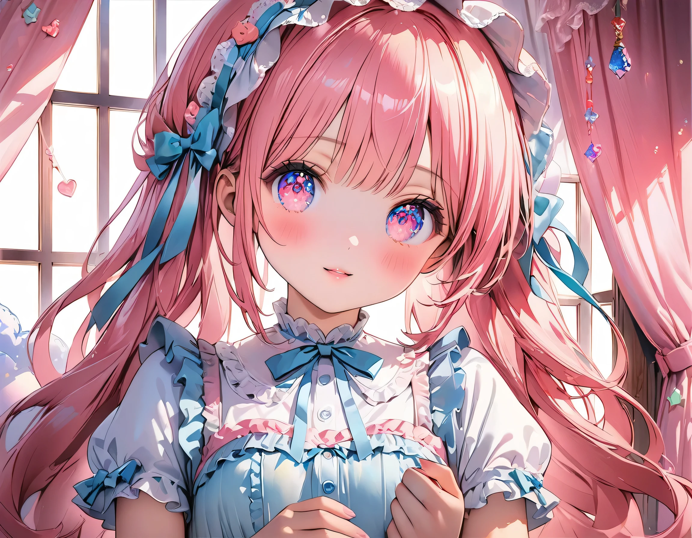 ((ultra quality)), ((ultra detail)), ((top quality)), pastel colored fluffy cute dress, frills and lace and ribbon, (sweety bedroom:1.2), cowboy shot, portrait, hyper detail face, hyper beautiful eyes, ((anatomically correct)), (((correct hand))), soft lights, soft edge, RAW photo, mixed technique of oil painting and watercolor,