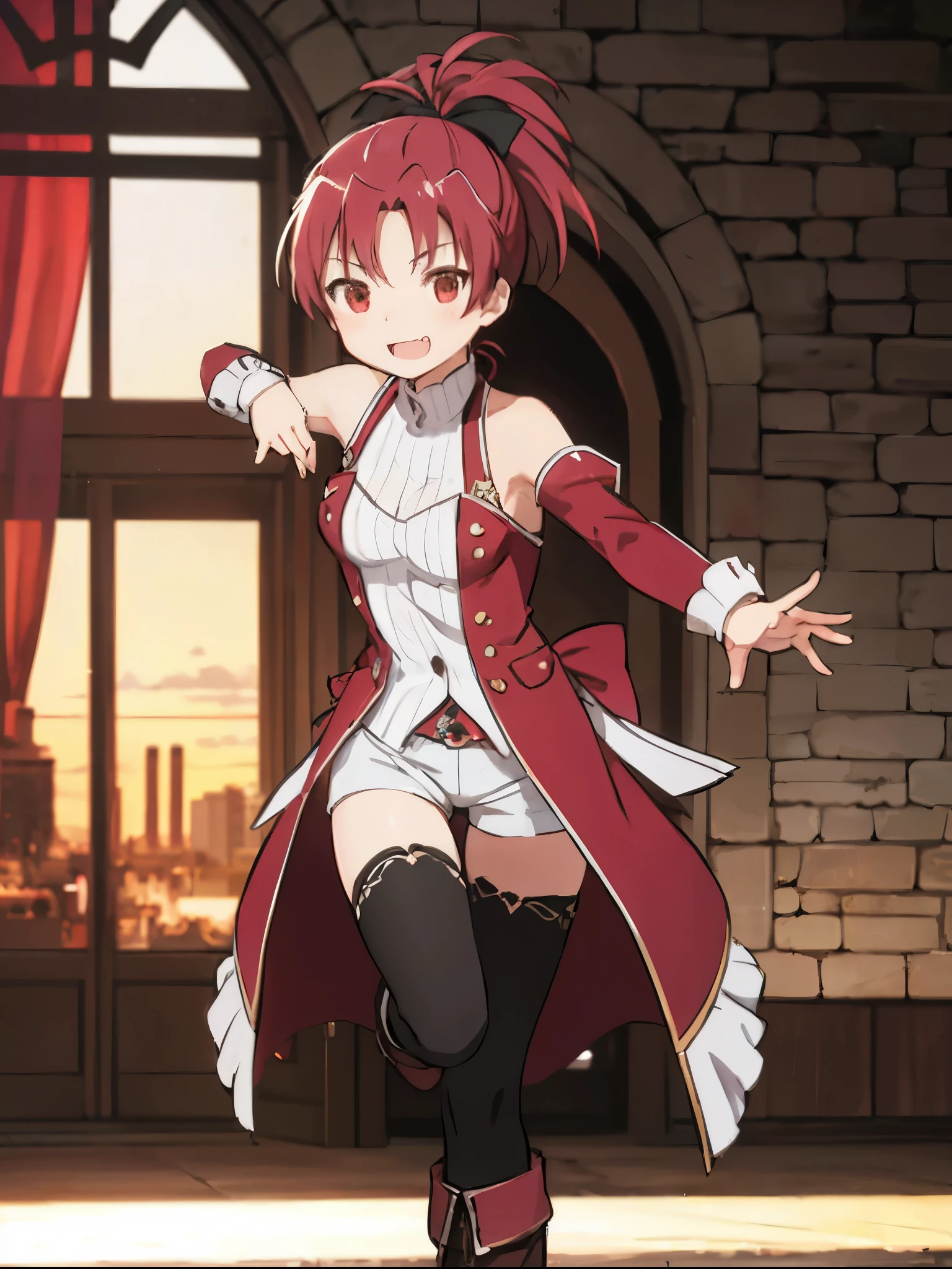 best quality, integrated scenery, integrated background, extremely delicate and beautiful, meticulous details, good composition, cute face, perfect face, perfect hands,Haircuts, pixie cut,
BLAKE, armsleeves, hair_ribbon ,black_Thighhighs , bare_shoulder, No sleeve_turtleneck_red_coat, darkred_hair,red_eyes,fang
sunset_sky_landscape、smile, solo,rising_leg,solo,open_legs, hair_bow,high_ponytail,solo, short_shorts, boots,