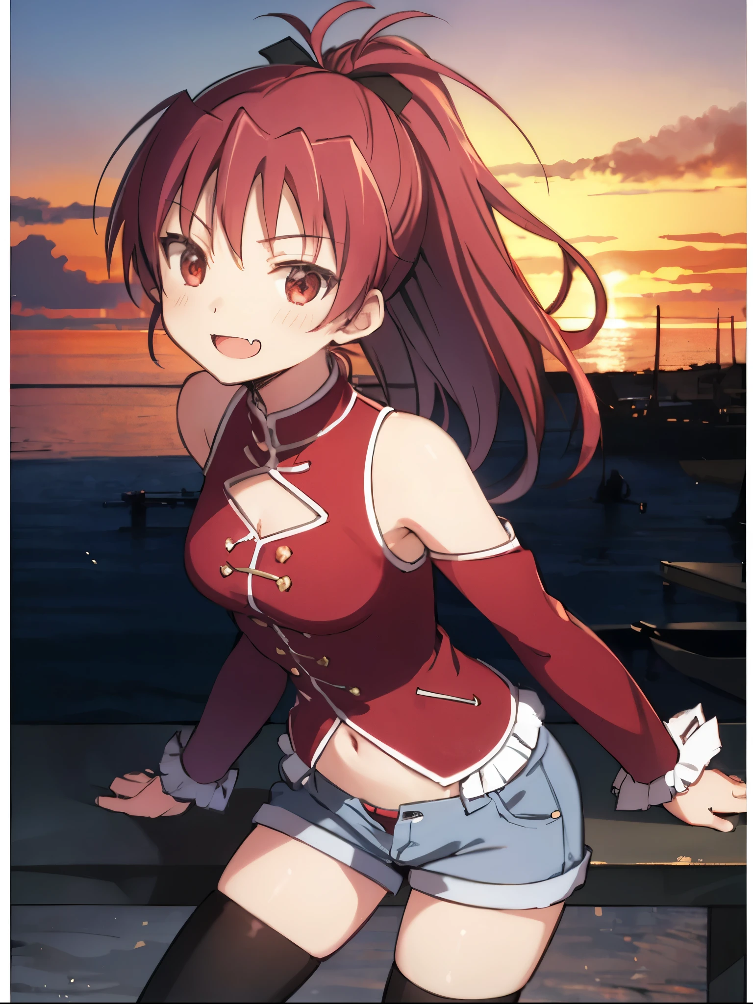 (masterpiece, best quality:1.2), extremely detailed, detailed hair, soft lighting, volumetric lighting, intricate details, finely detailed,mature female, 1girl, solo, looking at viewer, close-up, sitting , small breasts , thick arms, thick thighs, wide hips , BREAK (Cropped button-down blouse with a tie-front detail and puffed sleeves, ) (single hair intake, topknot , red hair ),, medallion earrings ,(blush:0.8) ,(freckles:0.8) ,necklace , smirk , thick eyebrows, , sweat, heart-shaped pupils, symbol-shaped pupils, saliva, drooling, drool, precum, cum, wet, suggestive fluid,cum on body, (fishing pier, tranquil waters, anglers, sunset fishing), <lora:add_detail:0.4>, <lora:jluLOL:1>, jlu