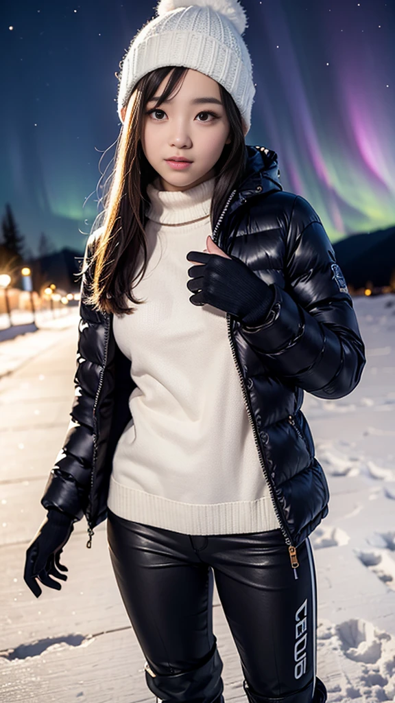 masterpiece, Ultra-high resolution, 4K, Best Quality, 1 person, whole body, Beautiful and exquisite face, Beautiful, smooth skin, Skin Texture, , high school student, mic pose, Medium Hair, Shiny Hair, Gold Mesh Hair, Standing pose, (Aurora), Snowfield, night, Knitted hat, muffler, Down jacket, Ski pants, boots, gloves