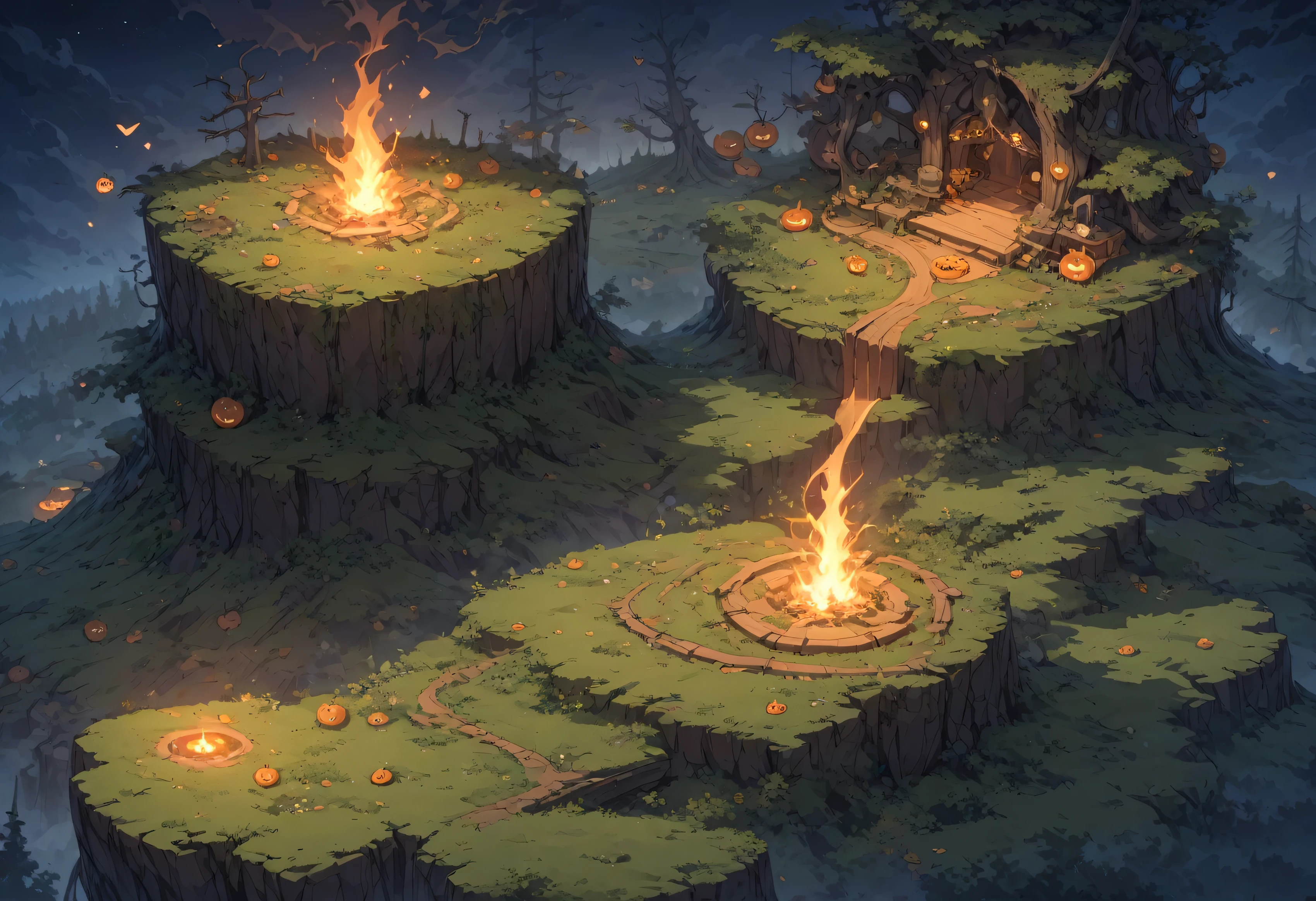 Concept art, quarter view, 45 degree angle. Night time forest, Halloween atmosphere. Wide land, composition showing a lot of land, props and decorations symbolizing Halloween, image viewed from a 45 degree angle with no perspective and no visible sky. We need a landscape of the land seen from above and a space where game characters can move while fighting. Delicate description, detailed expression,