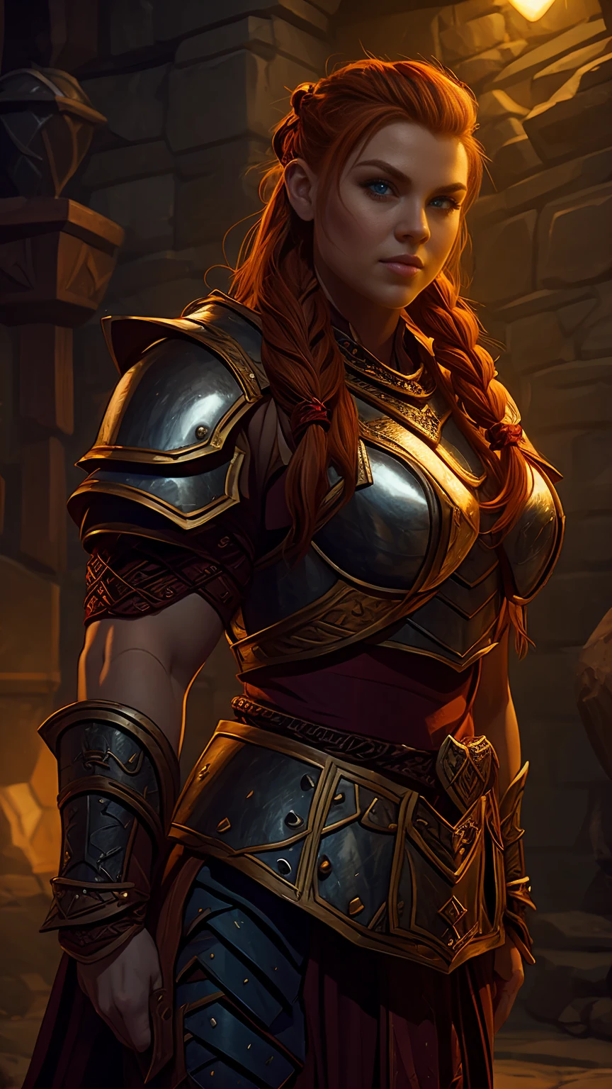 Ginger female dwarven adventurer, D&D character portrait, dramatic lighting, breastplate armor, long braided hair, strong muscled arms, busty