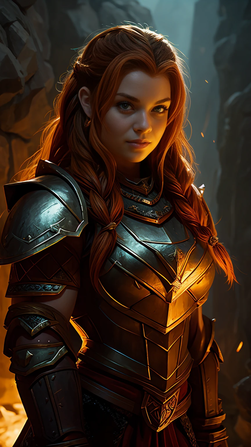 Ginger female dwarven adventurer, D&D character portrait, dramatic lighting, breastplate armor, long braided hair, strong muscled arms, busty