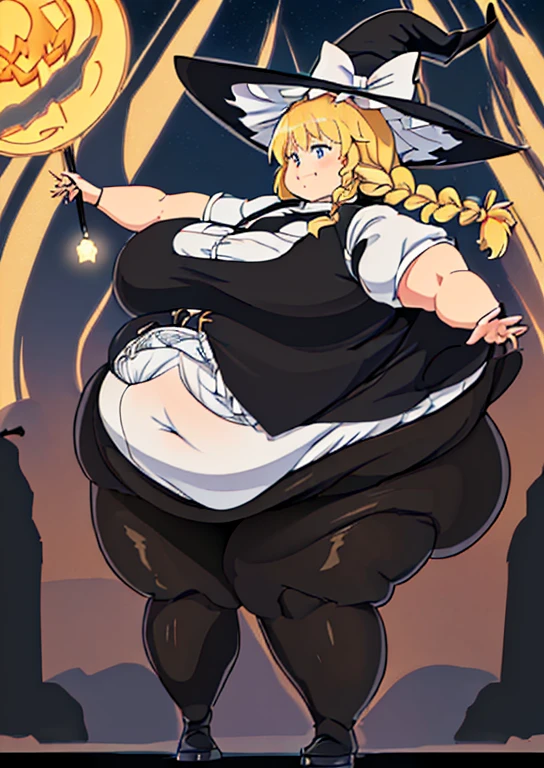 ((best quality, 4k, 8k, anime girl, masterpiece)), ((((beautiful extremely detailed face, beautiful eyes)))), glowing eyes, blue eyes, cinematic lighting, (perfect anatomy), (((chubby, SSBBW, very obese, (tall), huge breasts, (stand up), wide belly, wide breasts))), ((marisa kirisame)), (((black vest, buttoned blazer, short sleeves, witch hat))), (full body view), ((long hair, blonde hair, bangs, braid)), ((thick outlines, anime style, vibrant colours)), simple background, smile,