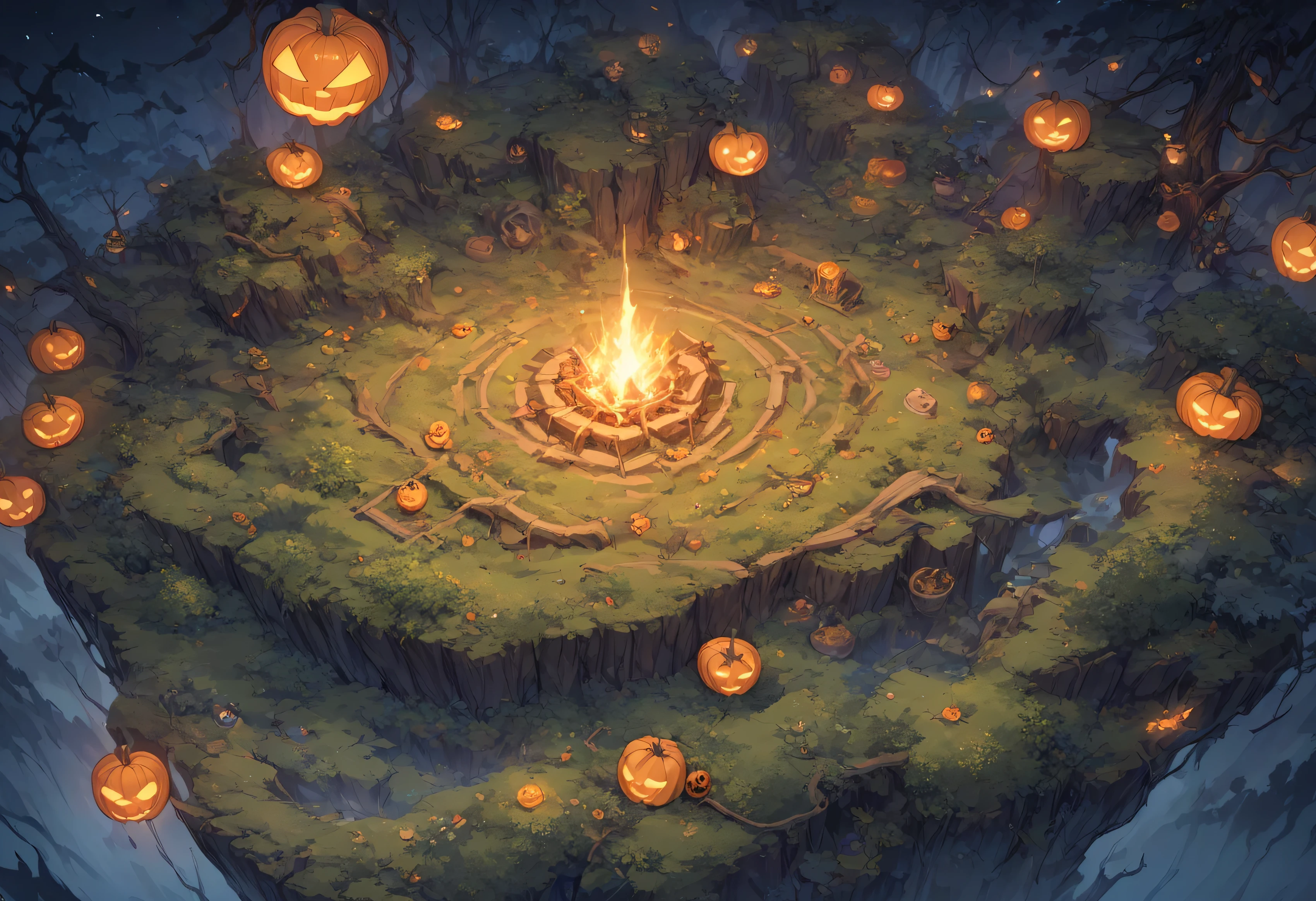 Concept art, quarter view, 45 degree angle. Night time forest, Halloween atmosphere. Wide land, composition showing a lot of land, props and decorations symbolizing Halloween, image viewed from a 45 degree angle with no perspective and no visible sky. We need a landscape of the land seen from above and a space where game characters can move while fighting. Delicate description, detailed expression,
