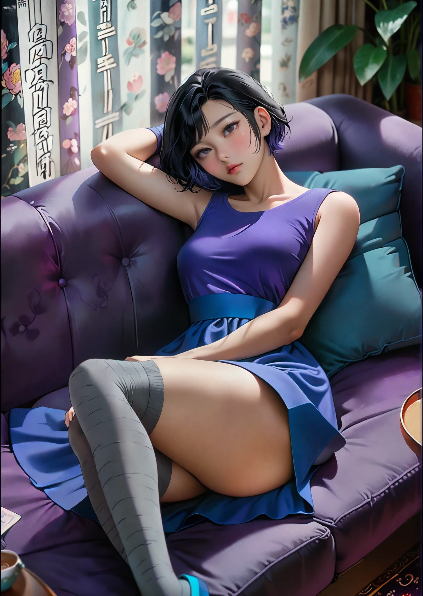 (purple hair,pixie cut) (beautiful detailed eyes,type:detailed eyes) (beautiful detailed lips) (freckles) (half japanese,half filipino) (1girl) (black skirt) (topless) ultra-detailed,(realistic:1.37) (vivid colors) (portrait) (soft lighting)