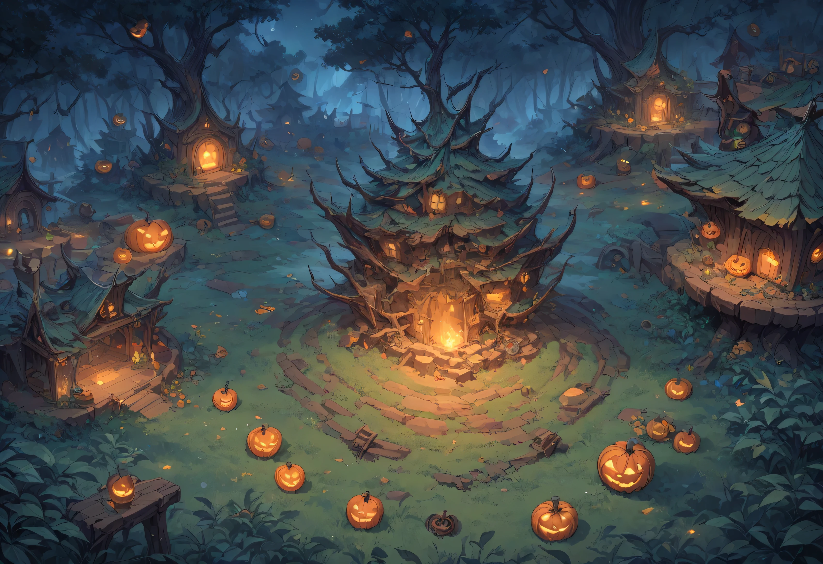 Concept art, quarter view, 45 degree angle. Night time forest, Halloween atmosphere. Wide land, composition showing a lot of land, props and decorations symbolizing Halloween, image viewed from a 45 degree angle with no perspective and no visible sky. We need a landscape of the land seen from above and a space where game characters can move while fighting. Delicate description, detailed expression,