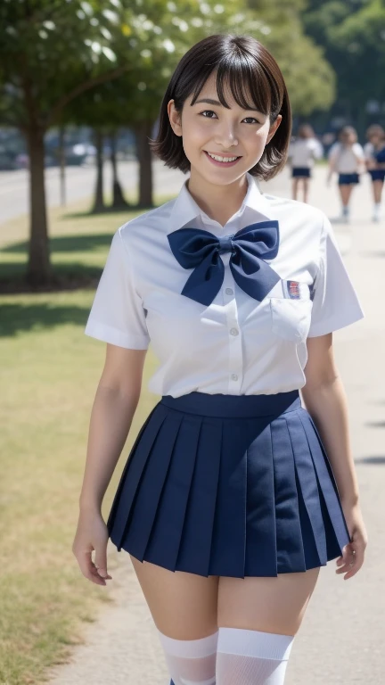 Japanese Mature, 4, White skin, curvy body, Large Breasts, Emphasizes plump thighs, (Japanese High School Uniform, Short sleeve shirt, Ribbon on shirt, Ultra short pleated micro mini skirt, Navy blue socks, Wearing loafers:1.2), (Standing in the park, full body:1.1), looking at viewer, smile, Surrealism, depth of field, from below, Sony FE, 8k