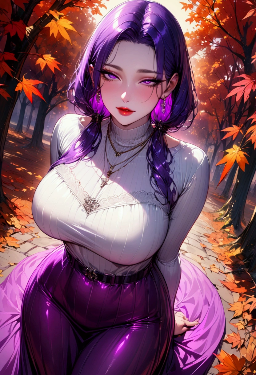 Young beautiful woman,(Best Quality,Extremely detailed depiction,Incredibly absurd high definition,Anatomically accurate,Detailed pupil,Shiny skin,),(Light-colored, casual autumn outfit,Maxi Skirt,tights),eyelash,(Purple Eyes,Half-closed eyes:1.5,Large Breasts,A seductive smile,Glossy lips,Flashy makeup,Seductive gestures,Raising his arms,Mouth open),whole body:1.3,