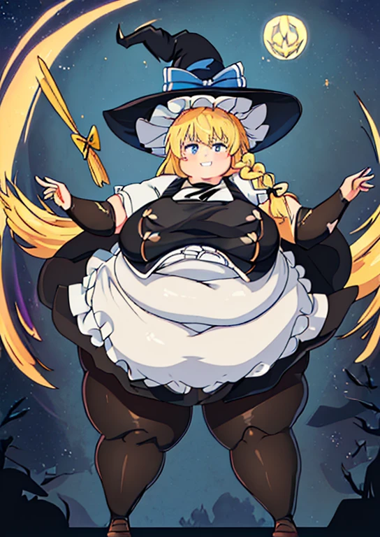 ((best quality, 4k, 8k, anime girl, masterpiece)), ((((beautiful extremely detailed face, beautiful eyes)))), glowing eyes, blue eyes, cinematic lighting, ((perfect anatomy)), (((chubby, SSBBW, huge breasts, obese, thick legs, huge breasts, (stand up), wide belly, wide breasts))), ((marisa kirisame)), (((black vest, buttoned blazer, short sleeves, witch hat, black tights))), (full body view), ((long hair, blonde hair, bangs, braid)), ((thick outlines, anime style, vibrant colours)), simple background, (smile),