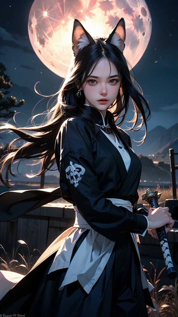 (Uncompromising_CG_art, masterpiece, absurdres, best quality, perfect anatomy, ultra detailed, highest resolution, realistic ), 1girl, Solo, Intricate detailed , Battoujutsu, (Nocturnal ghosts), beautiful woman, sexy figure,(ultra detailed beautiful face, detailed eyes and lips, closeup her upper body ) , Long beautiful white long hair, BREAK White Fox Ears, White fox tail, Nine-tailed fox, BREAK Samurai clothes, Carry a long sword on your waist, (Walking on unpaved roads and there are many skulls on the road, In the background is a beautiful moonlit night and distant mountains is depicted), ghostdom