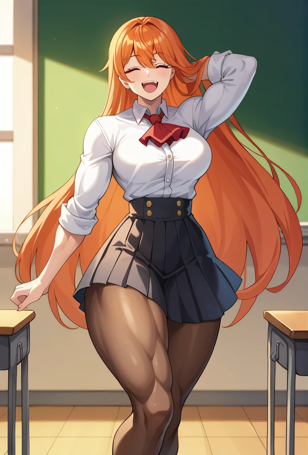 ((best quality)), ((masterpiece)), (detailed), (perfect anatomy), (exquisite clothing);
1girl, solo, classroom;
Perfect face, orange hair, very long hair, fanged bangs, sidelocks, red eyes, bright pupils;
closed eyes, happy, joyful;
Tall, mature, (muscular:1.2), deltoids, trapezius, medium breasts, thick arms, biceps, triceps, abs, long waist wide hips, long legs, (thick thighs:1.4), glutes, quads, lats, hamstrings; 
(White dress shirt, frilled center), red ascot, (high-waist skirt, black skirt, pleated skirt), pantyhose.