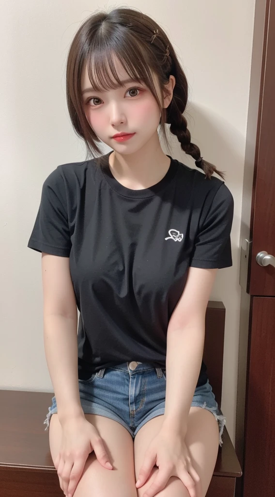 Chica con cabello azul claro atado acostada en su cama y sus brazos apoyados en su camiseta negro de velo transparente sin mangas y tiene los ojos cerrados, pantaletas sexys del mismo color que su camiseta