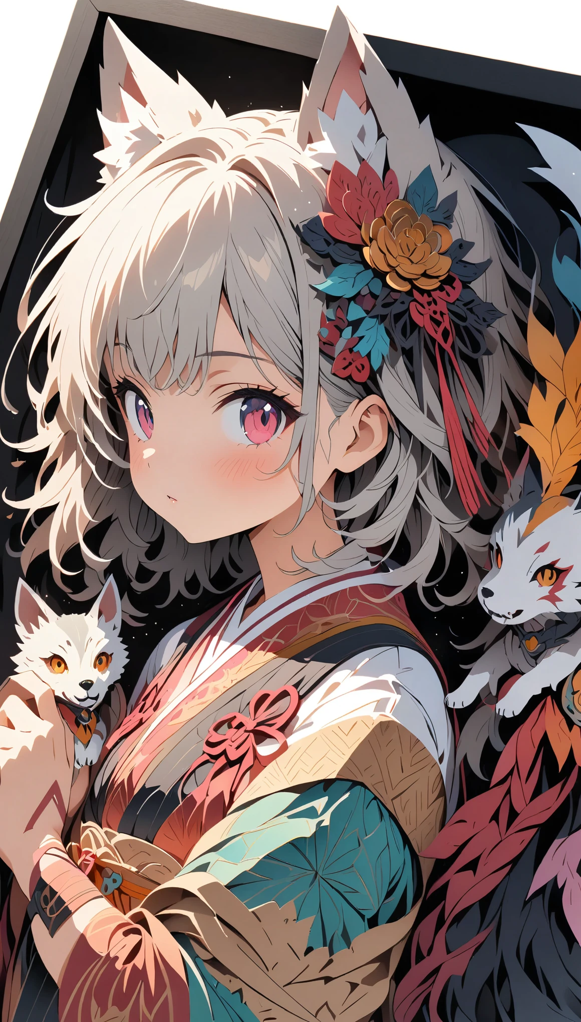 (masterpiece:1.2), (Best Quality:1.2), Ultra-high resolution, Very detailed, Perfect lighting, Wolf Girl, Gray Hair, National Costume, Otherworldly fantasy, cute, Tilt your head, Pastel colors, Paper cutting art,Flat paper cutout, Paper Art, Paper Quilt, Digital Art,Anime style illustration,Anime illustration, White background, PAPERCUT