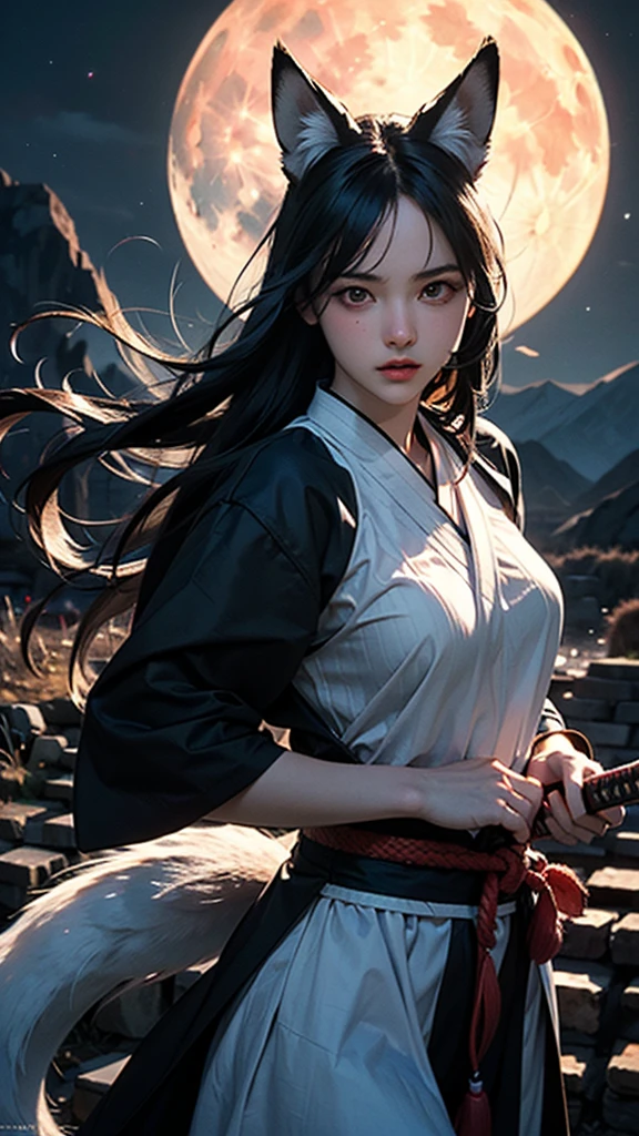 (Uncompromising_CG_art, masterpiece, absurdres, best quality, perfect anatomy, ultra detailed, highest resolution, realistic ), 1girl, Solo, Intricate detailed , Battoujutsu, (Nocturnal ghosts), beautiful woman, sexy figure,(ultra detailed beautiful face, detailed eyes and lips, closeup her upper body ) , Long beautiful white long hair, BREAK (White small fox ears, White fox tail, with nine-fox tailed), BREAK Samurai clothes, Carry a long sword on your waist, (Walking on unpaved roads and there are many skulls on the road, In the background is a beautiful moonlit night and distant mountains is depicted), ghostdom