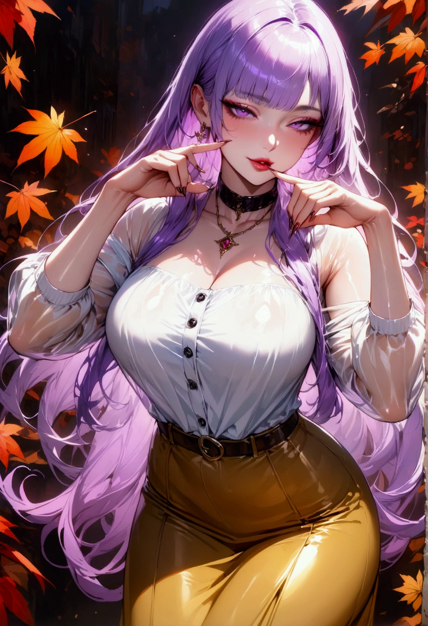 Young beautiful woman,(Best Quality,Extremely detailed depiction,Incredibly absurd high definition,Anatomically accurate,Detailed pupil,Shiny skin,),(Light-colored, casual autumn outfit,Maxi Skirt,tights),eyelash,(Purple Eyes,Half-closed eyes:1.5,Large Breasts,A seductive smile,Glossy lips,Flashy makeup,Seductive gestures,Raising his arms,Mouth open),whole body:1.3,