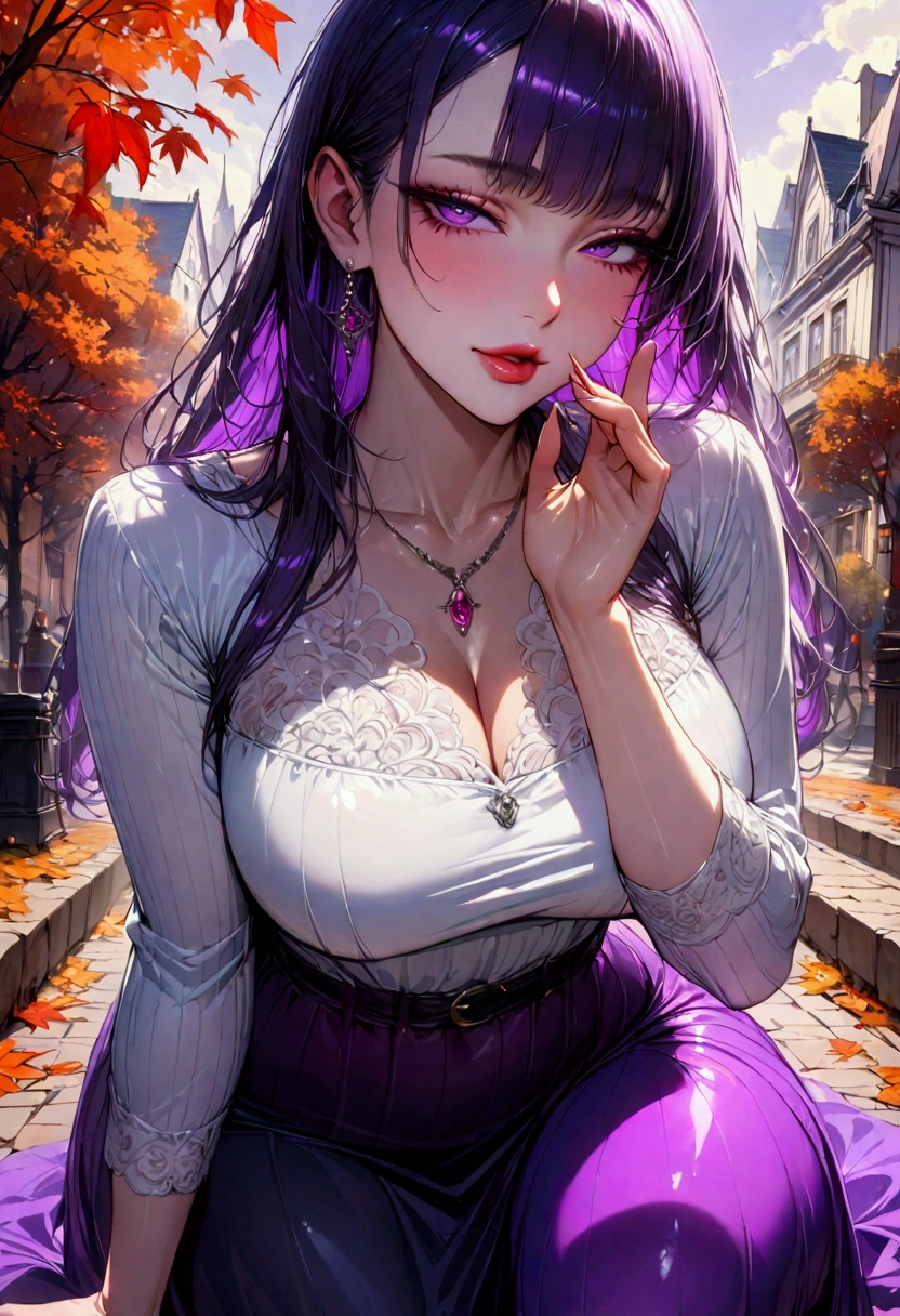 Young beautiful woman,(Best Quality,Extremely detailed depiction,Incredibly absurd high definition,Anatomically accurate,Detailed pupil,Shiny skin,),(Light-colored, casual autumn outfit,Maxi Skirt,tights),eyelash,(Purple Eyes,Half-closed eyes:1.5,Large Breasts,A seductive smile,Glossy lips,Flashy makeup,Seductive gestures,Seductive pose,Mouth open),whole body:1.3,