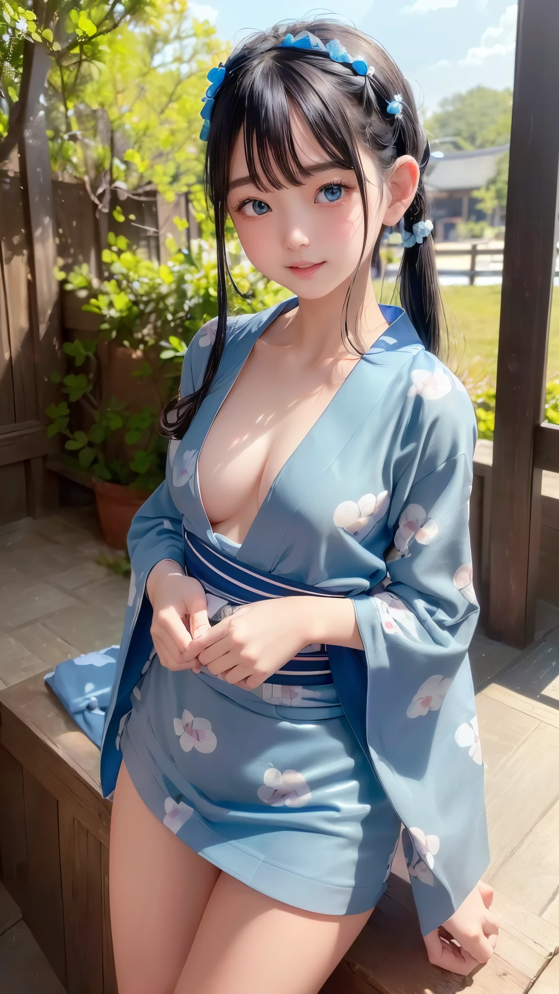 1 girl,His long hair flowed up., The sun shines brightly.,  Supports large, bare breasts, open sexy legs, flower garden, Red, black, dark blue, traditional kimono,, Masterpiece, best quality, Highly detailed 16k,  Take photos with a high quality camera 45,000,000 pixels