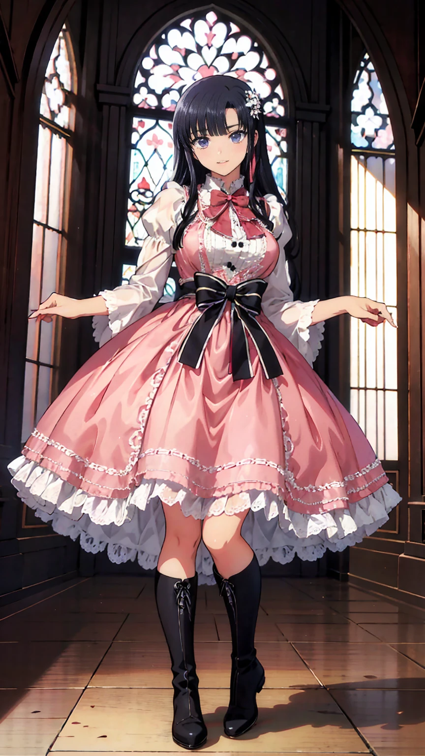 Anime Style、story、、Beautiful girls、とてもcute天使、Pink Gothic Dress、cute、baby face、smile、Long skirt、Black boots、Very cute headband
