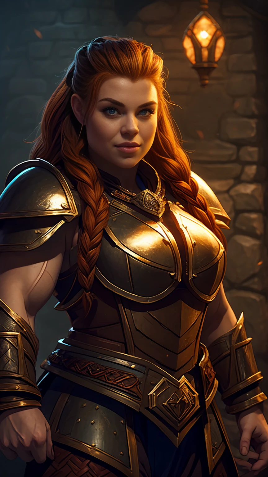 Ginger female dwarven adventurer, D&D character portrait, dramatic lighting, breastplate armor, long braided hair, strong muscled arms, busty