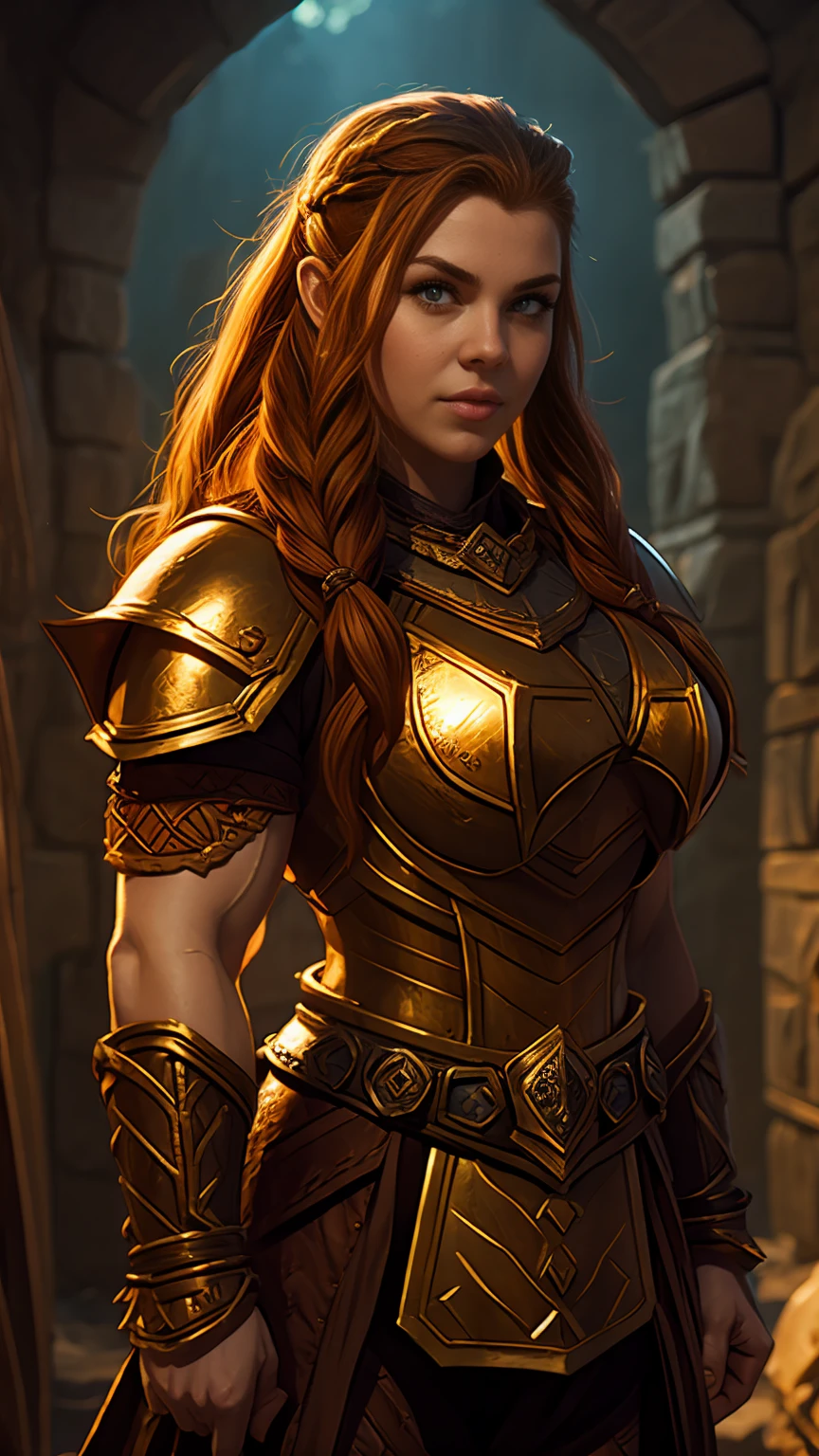 Ginger female dwarven adventurer, D&D character portrait, dramatic lighting, breastplate armor, long braided hair, strong muscled arms, busty