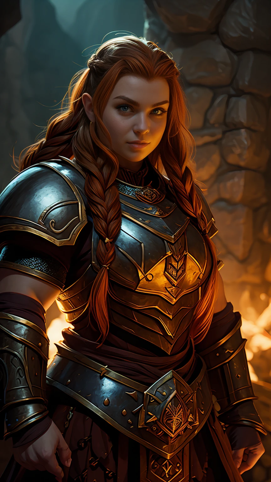 Ginger female dwarven adventurer, D&D character portrait, dramatic lighting, breastplate armor, long braided hair, strong muscled arms, busty