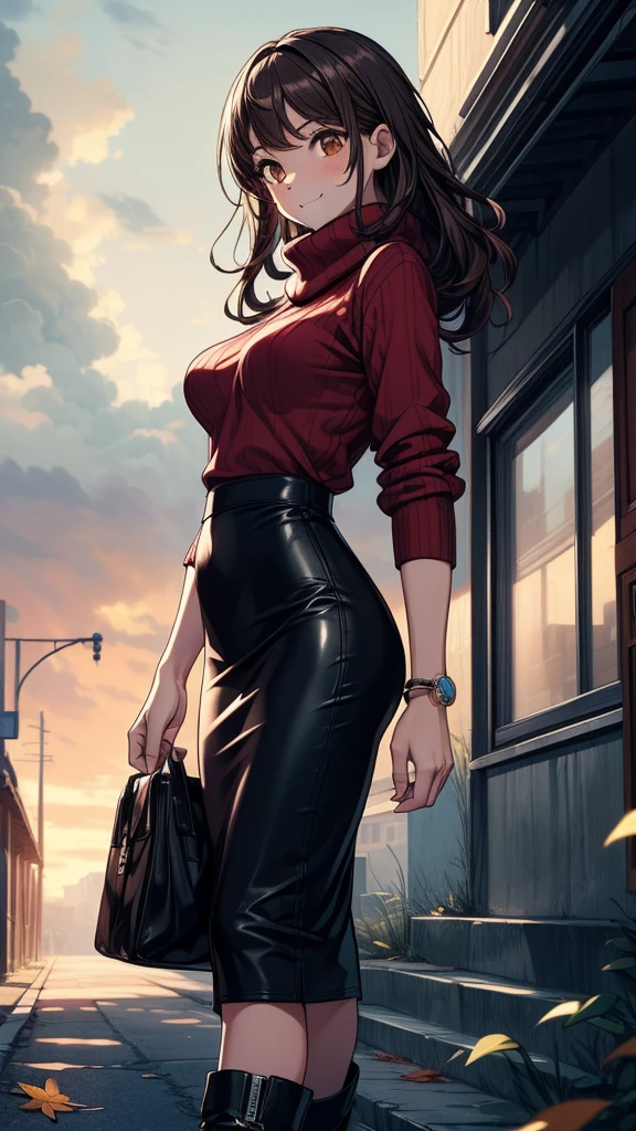 La mujer, camisa, shirt, chaqueta, jacket, chaqueta negra, black jacket, pantalon, pantalon negro, black throusere, Las Vegas al fondo, noche, night, muy detallado, Realistic long-term photography., 4k, pelo largo, brown hair, By the chestnut, labios rojos, sexy,red lips, brown eyes, big breasts, pechos grandes, Lucia Auditore