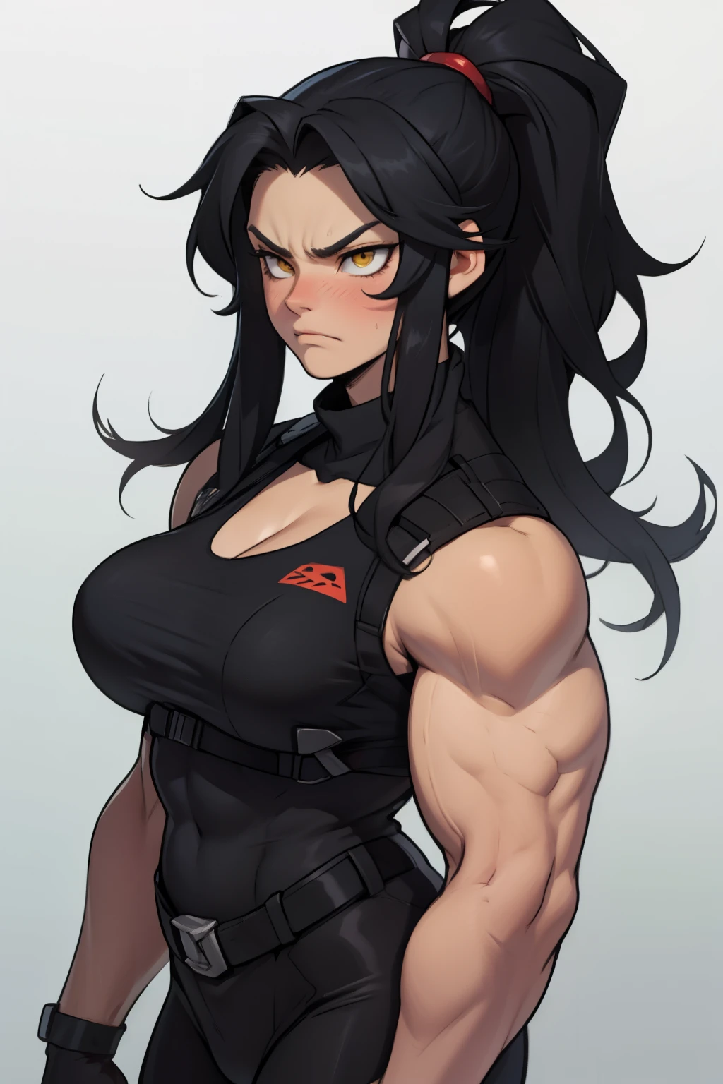 muscular girl thick breasts black hair yellow eyes pale skin best quality sad frown thick