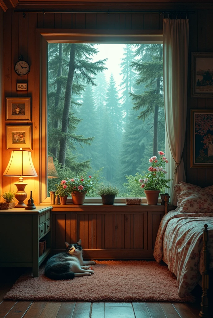 The coziest room in the world with a beautiful view of the forest. vintage. Grunge. Flashlights, flowers, paintings. Kittens are dozing on the bed.The cat is lying on the carpet.