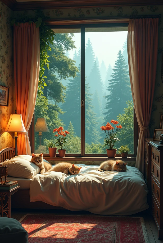 The coziest room in the world with a beautiful view of the forest. vintage. Grunge. Flashlights, flowers, paintings. Kittens are dozing on the bed.The cat is lying on the carpet.