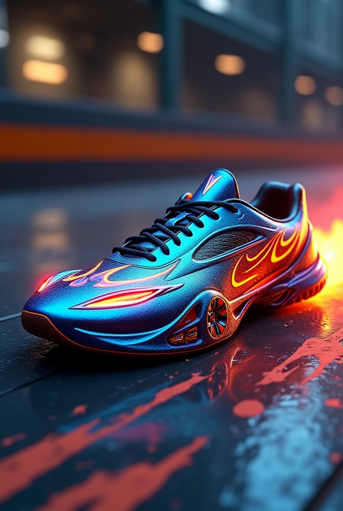 “Design of a sports shoe skin inspired by the **(Hot Wheels aesthetic)** for Counter-Strike. The shoe should have vibrant colors like metallic blue, fiery red, and bright yellow, with flame patterns running across the sides. The sole features intricate tire tread designs, giving it a **(racing vibe)**, while the laces are styled like racing stripes. The shoe should have sleek, aerodynamic shapes, reminiscent of a high-speed car, with glossy textures and **(chrome accents)** around the edges. The overall design should combine the sporty and fast-paced theme of Hot Wheels, with aggressive lines and dynamic elements, making it stand out in-game. **(Focus on high-detail reflections and textures to capture the speed and intensity of the Hot Wheels brand.)**”
Artists: Syd Mead, Craig Mullins, Scott Robertson
Trigger Words: “Metallic colors, Flame patterns, Racing stripes, Tire tread”