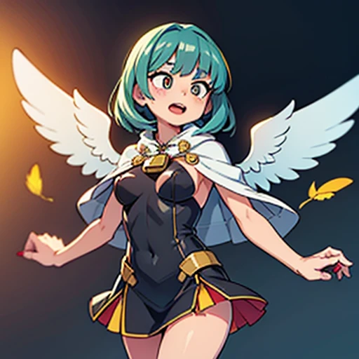 20 year old girl, Angel Girl, Light green wings, chica sexy, green hair, short hair, green eyes, Short skirt, green skirt, Small strapless blouse, Short blouse up to the abdomen, Blouse sin Olanes, green blouse, Green long sleeves, Blouse that shows the shoulders, Sin collar, Shows the navel, green boots, camera from above, pose: flying