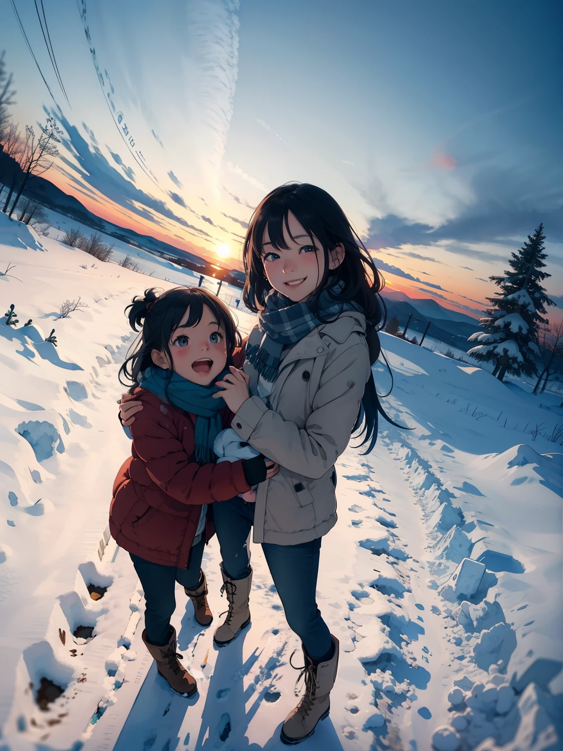 masterpiece，Best Quality，High image quality，(Superflat, Flat Shading )，Fisheye Lens，Beautiful petite trained young mother and very cute trained daughter:1.25，Warm scarf， (naked)，Long Hair, Boots, smile, smile, White Breath，fun, play, winter, snow, dusk，Beautiful sunset，Wide angle, Vibrant colors, watercolor, Ghibli style，Strong winds，Girl&#39;s Temptation，