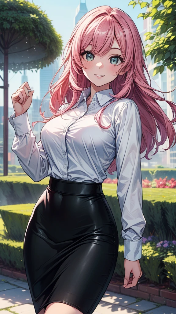 ((masterpiece, best quality, ultra-detailed)), 1girl, beautiful business woman walking in city back turned, smiling, blush, wearing pink blouse, blazer, bracelet, necklace, black midi pencil skirt, black suit skirt, heels, full body, wavy red hair, wide hips