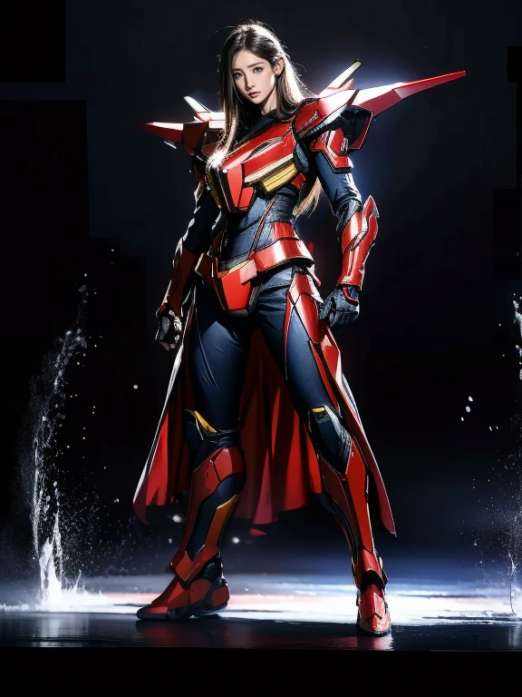 Full Body Shot, Very detailed, The costume colors were inspired by Gundam.、8k, Actual Photos, impressive lighting, Dynamic action poses, Great energy effect, Black and red color palette, Simple costume design, Advanced Technology, Heroic and powerful, With a large waterfall in the background、standing。