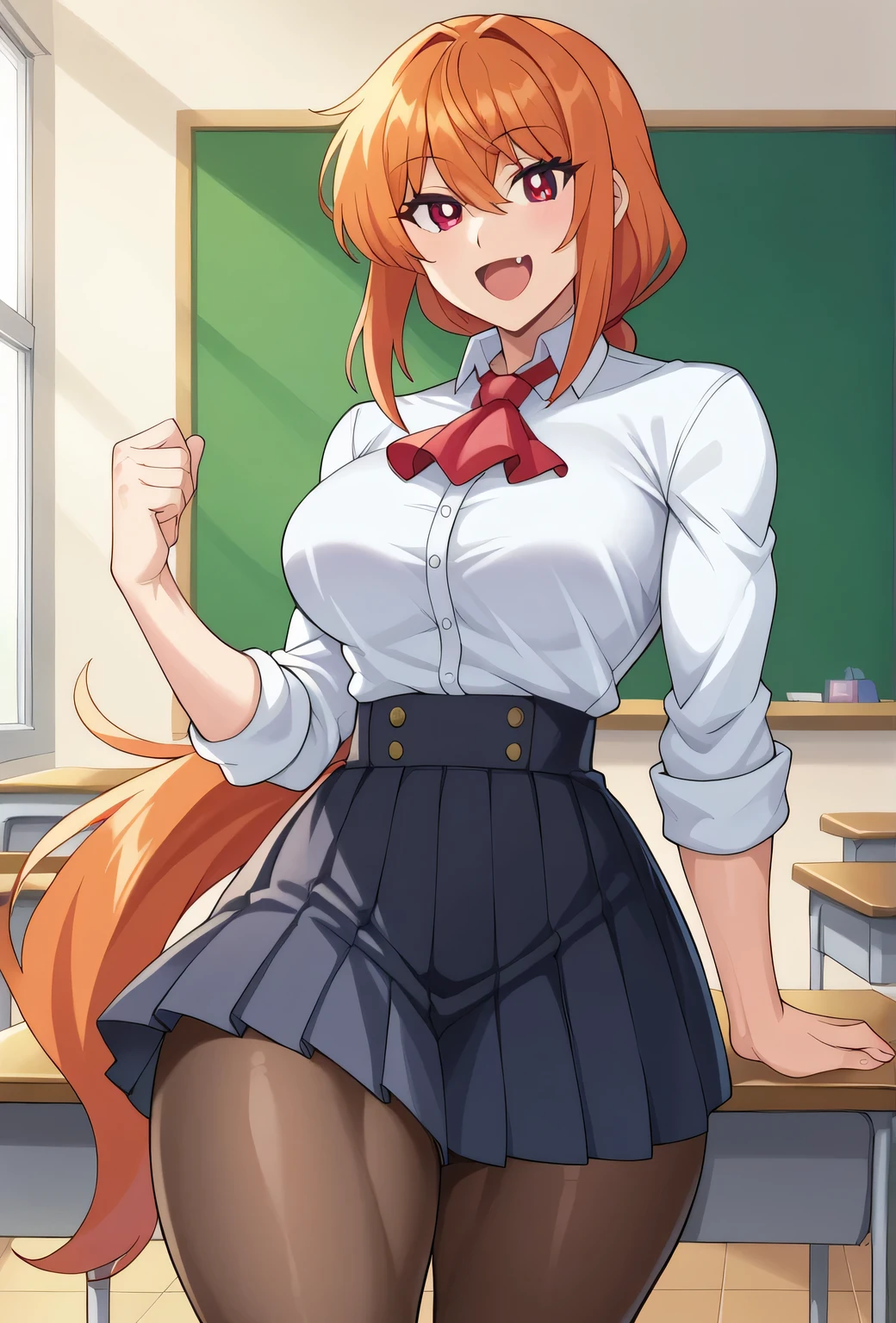 ((best quality)), ((masterpiece)), (detailed), (perfect anatomy), (exquisite clothing);
1girl, solo, classroom;
Perfect face, orange hair, very long hair, low ponytail, fanged bangs, sidelocks, red eyes, bright pupils;
Confident, happy, proud smile;
Tall, mature, (muscular:1.2), deltoids, trapezius, medium breasts, thick arms, biceps, triceps, abs, long waist wide hips, long legs, (thick thighs:1.4), glutes, quads, lats, hamstrings; 
(White dress shirt, frilled center, long sleeves, rolled up sleeves), red ascot, (high-waist, black skirt, pleated skirt), pantyhose.