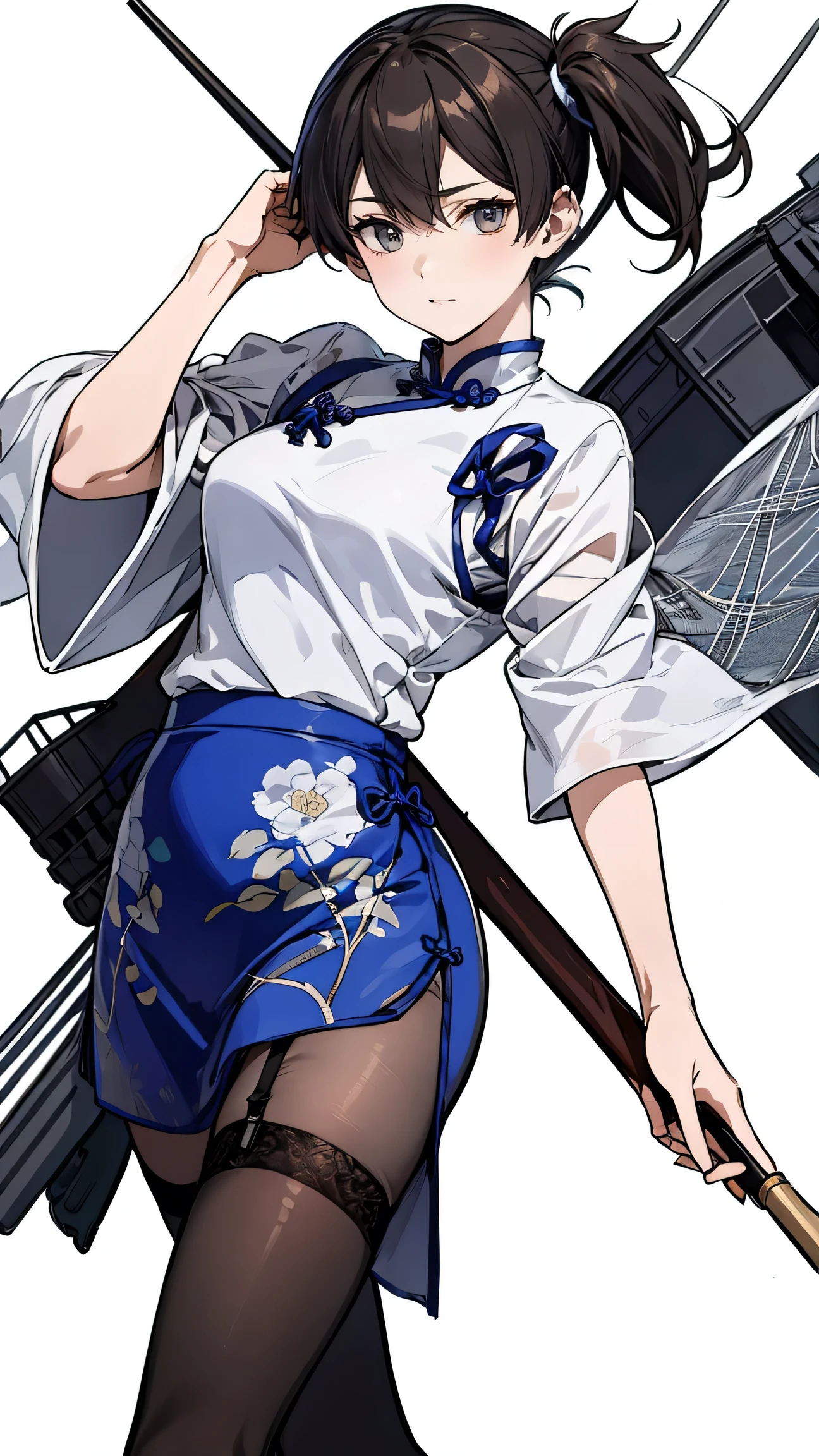 (masterpiece, highest quality) detailed, kaga (kancolle), {{kaga kai ni (kancolle)}}, side ponytail, brown eyes, black  hair, (Blue Simple Qipao), whole body,Chinese element pattern，black Net tights and garter belt no Weapon