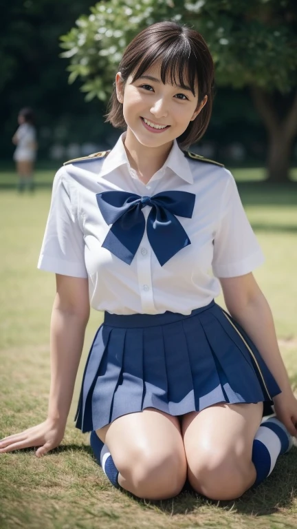 Japanese Mature, 48歳, White skin, plump body, Large Breasts, Emphasizes plump thighs, (Japanese High School Uniform, Short sleeve shirt, Ribbon on shirt, Ultra short pleated micro mini skirt, Navy blue socks, Wearing loafers:1.2), (Standing in the park, Full body shot from head to toe:1.1), looking at viewer, smile, Surrealism, depth of field, from below, Sony FE, 8k