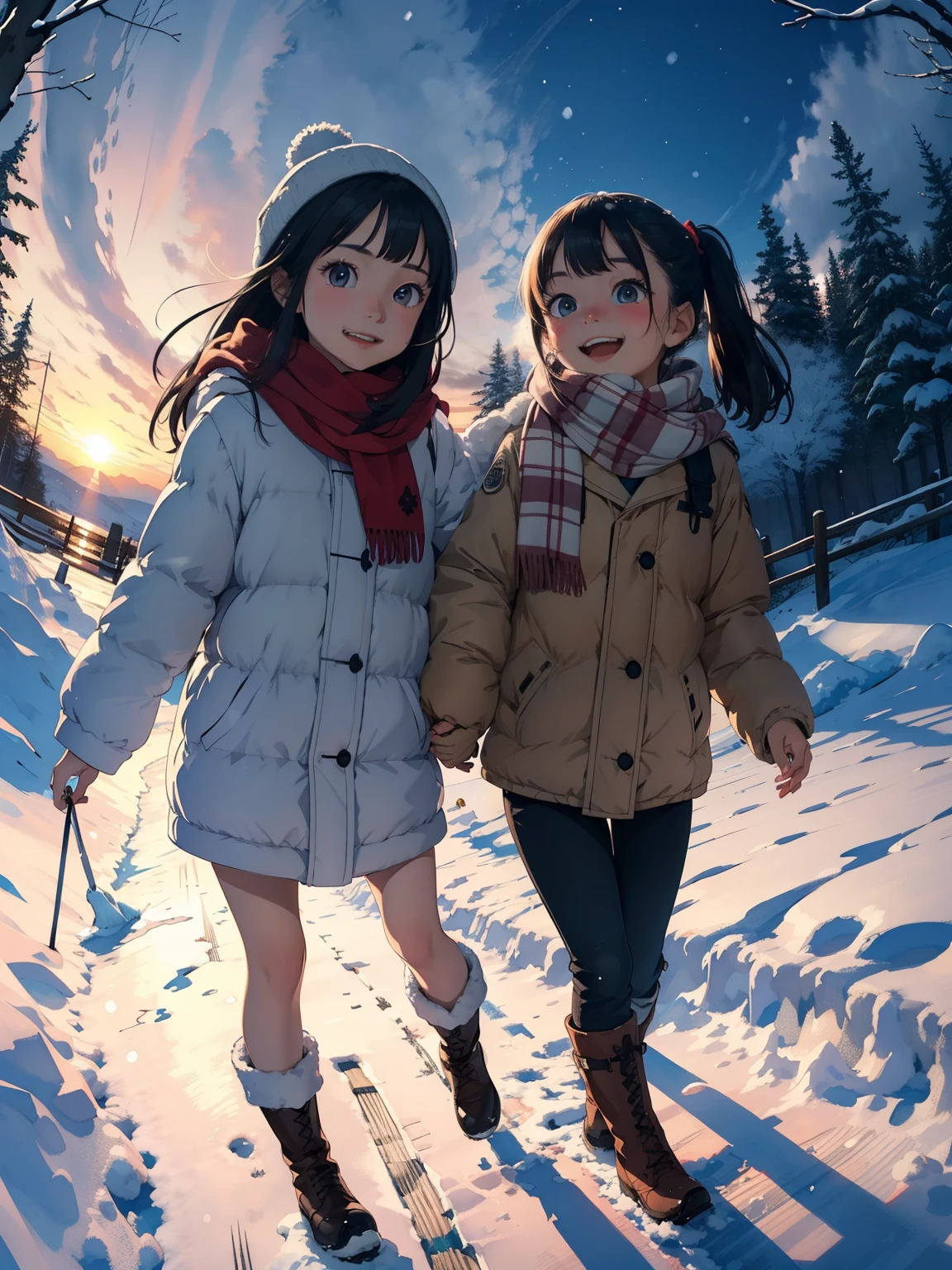 masterpiece，Best Quality，High image quality，(Superflat, Flat Shading )，Fisheye Lens，Beautiful petite trained young mother and very cute trained daughter:1.25，Warm scarf， (naked)，Long Hair, Boots, smile, smile, White Breath，fun, play, winter, snow, dusk，Beautiful sunset，Wide angle, Vibrant colors, watercolor, Ghibli style，Strong winds，Girl&#39;s Temptation，