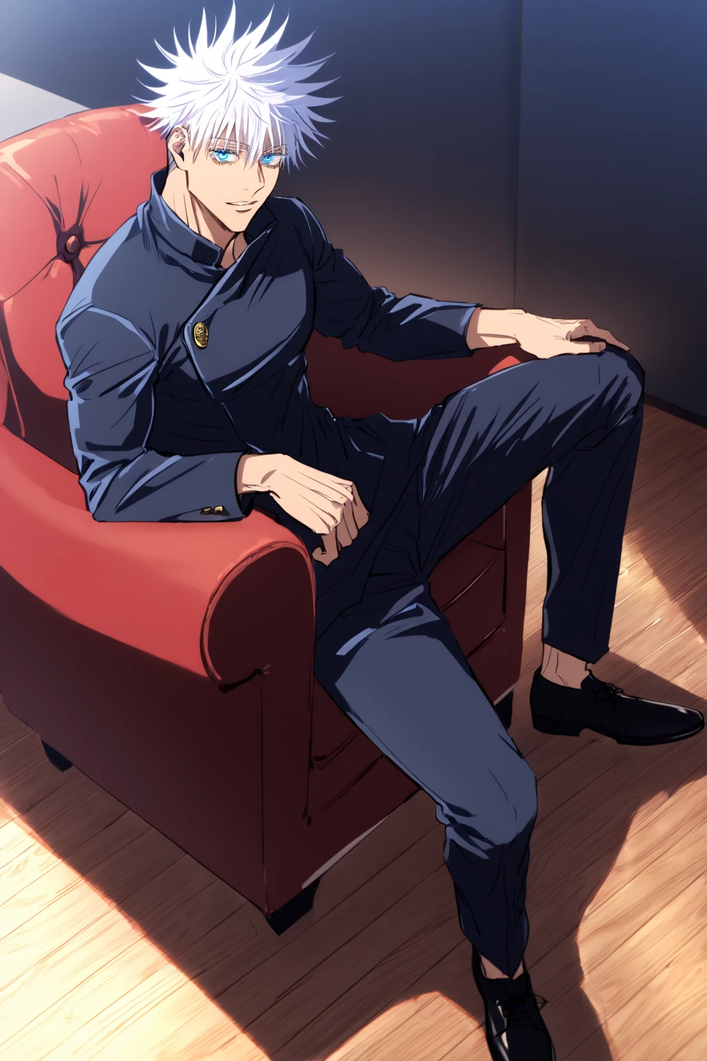 Full Body Portrait, Jujutsu Kaisen, Gojou Satoru, 1boy, Solo, Looking at viewer, Handsome, Sexy Man, Sensual, Handsome, Sexy Man, Sensual, Blue Eyes, White Hair, Short Hair, Spiked Hair, Hair Between Eyes, Tall, Lean, Muscular, Toned Chest, Pale-Tanned Skinned, ((black jacket, pants)), Sitting, Chair, Cafe, Cinematic Lighting, Masterpiece, 4K, Best Quality, High Resolution, Accurate, Award Winning, (SuperQuality:1.0) ~ (SuperQuality:1.2)