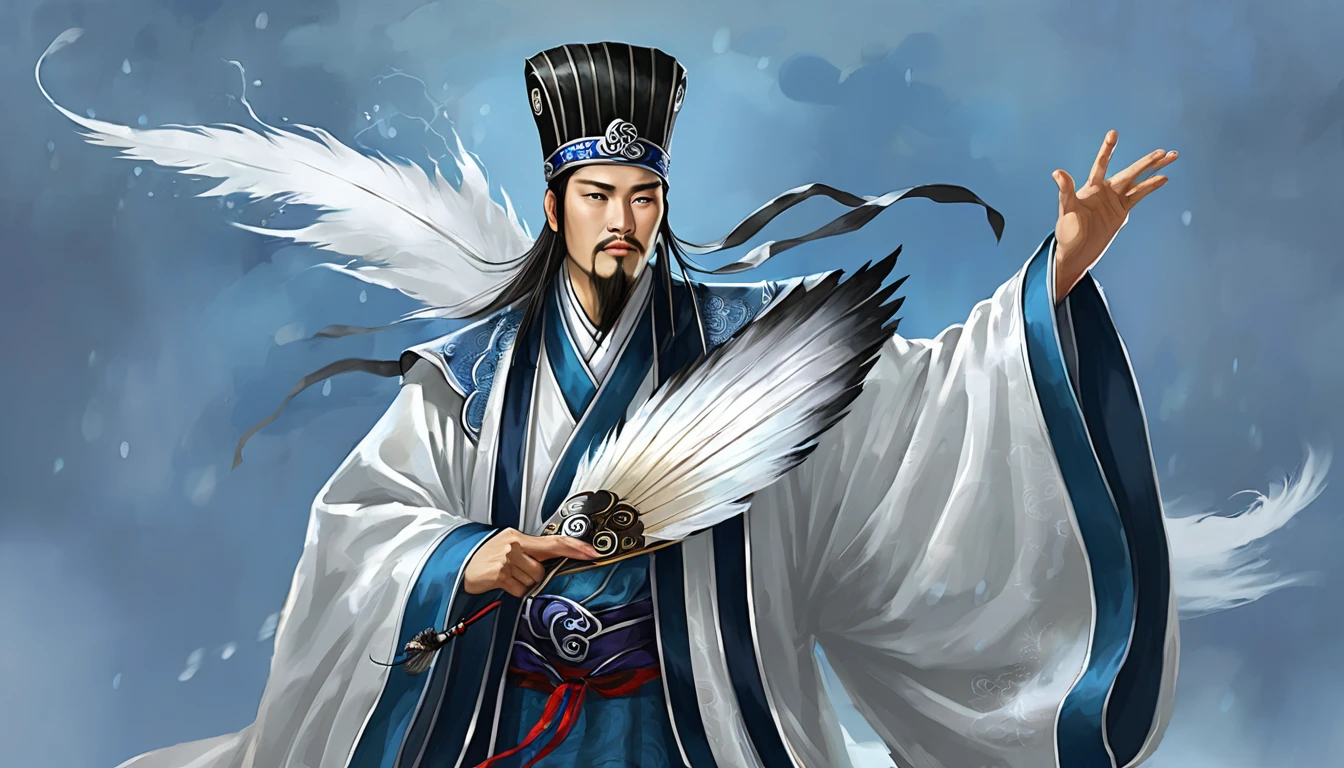 Rain effect、Digital Illustration, Ancient Chinese scholars, Traditional Costume, Embroidered Robe,  Zhuge Liang with the Dragon,  , White and blue palette, gesture, Serious expression, Attention to detail, Historical figures, Standing pose, Feather fan,  