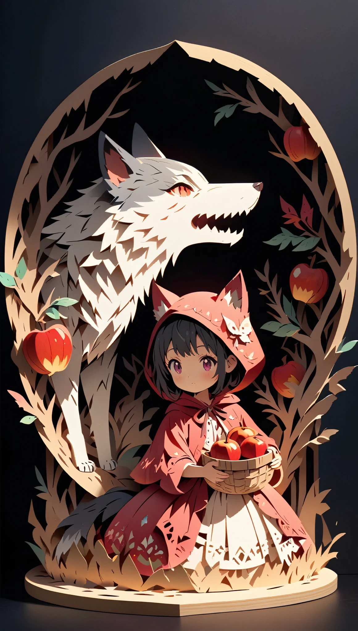 (masterpiece:1.2), (Best Quality:1.2), Ultra-high resolution, Very detailed, Perfect lighting, Little Red Riding Hood, Black Hair, Otherworldly fantasy, Wolf behind,cute, holding a wooden basket full of apples, Pastel colors, Paper cutting art,Flat paper cutout, Anime style illustration,Anime illustration, White background, PAPERCUT