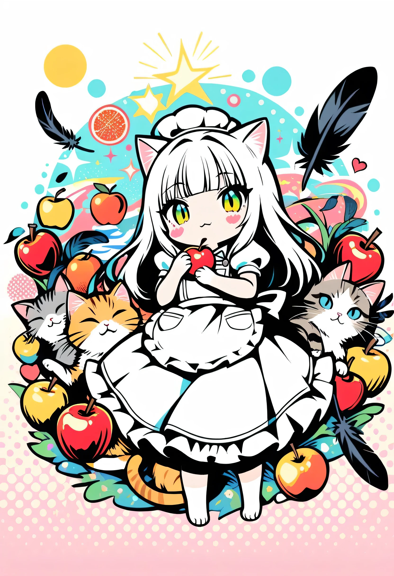 whole body、、、sleep、sleep、lie、Lying down、to ridicule、、Girl holding an apple、Lots of apples、Flying Apples、 Anime witch design, Heart Sign, White chef hat、White apron、Cockware Design, Provector, Love Style, Full Design, Only 18 colors, monochromatic, No Shadow, Full Design, Stickers, Bright colors, White background.Ultra-detailed illustrations,(((beautiful ))),(((beautiful )),(((beautiful background))),(((beautiful ))),(((beautiful cat))),(((beautiful background))),Midsummer、Beach black feathers、Straight bangs、squint, Pop Art Style