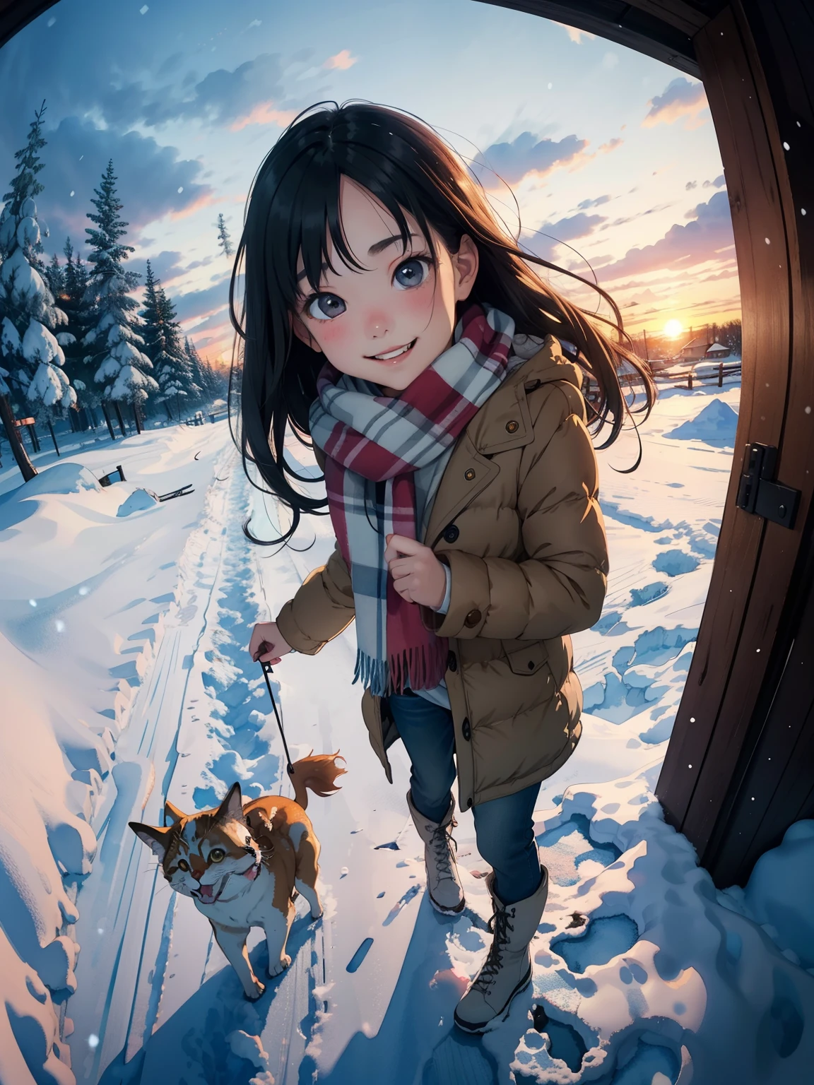 masterpiece，Best Quality，High image quality，(Superflat, Flat Shading )，Fisheye Lens，Beautiful petite trained young mother and very cute trained daughter:1.25，Warm scarf， (naked)，Long Hair, Boots, smile, smile, White Breath，fun, play, winter, snow, dusk，Beautiful sunset，Wide angle, Vibrant colors, watercolor, Ghibli style，Strong winds，Girl&#39;s Temptation，